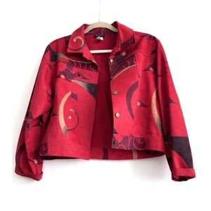 Retro Sharon Endick Kate Jacket Large Red Abstract Print Vintage 90s Cropped